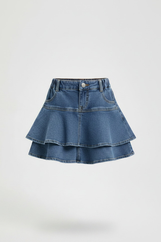 Pantalon Jupe Denim Bleu Superposé Volants Fille - Jean - vue 3