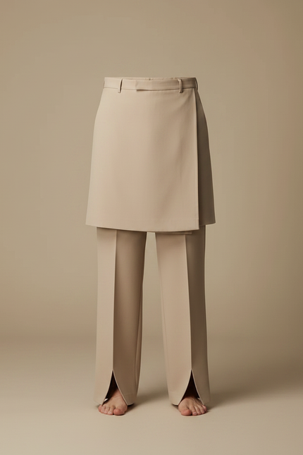 Pantalon Jupe Beige Droit Superposé Élégant Homme - Gabardine - vue 3