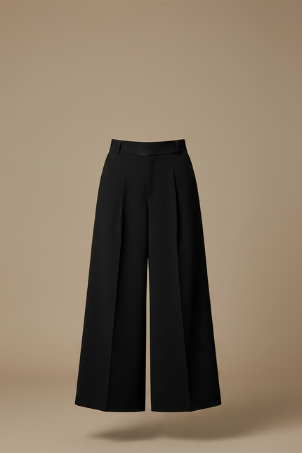 Pantalon Jupe Noir Plissé Long Évasé Élégant Ceinturé - Gabardine - vue 3