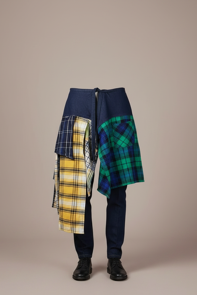 Pantalon Jupe Denim Plaid Irrégulier Décontracté Homme - Marine Jean - vue 3