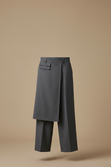 Pantalon Jupe Gris Plissé Asymétrique Long Élégant - Gabardine - vue 3