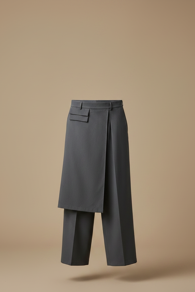 Pantalon Jupe Gris Plissé Asymétrique Long Élégant - Gabardine - vue 3