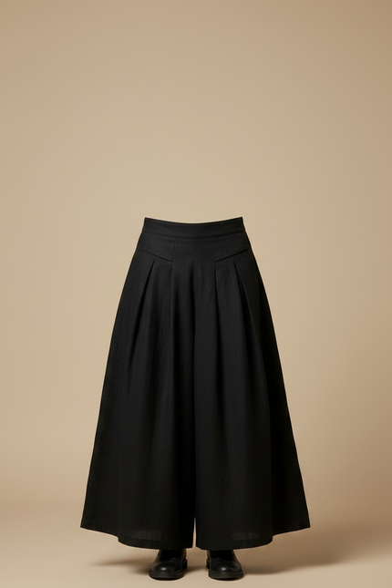 Pantalon Jupe Noir Plissé Ample Coton Lin - vue 3