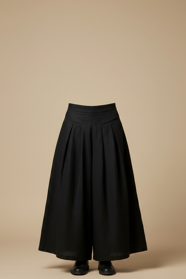 Pantalon Jupe Noir Plissé Ample Coton Lin - vue 3