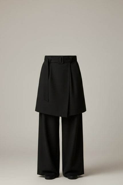 Pantalon Jupe Noir Plissé Ample Ceinturé Élégant - Polyester - vue 3