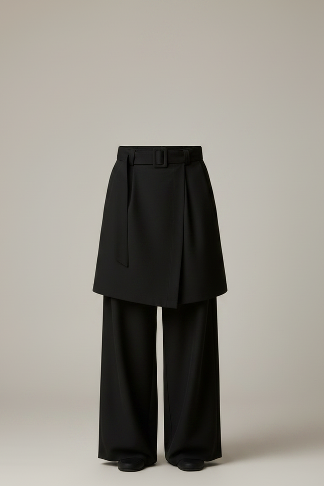 Pantalon Jupe Noir Plissé Ample Ceinturé Élégant - Polyester - vue 3
