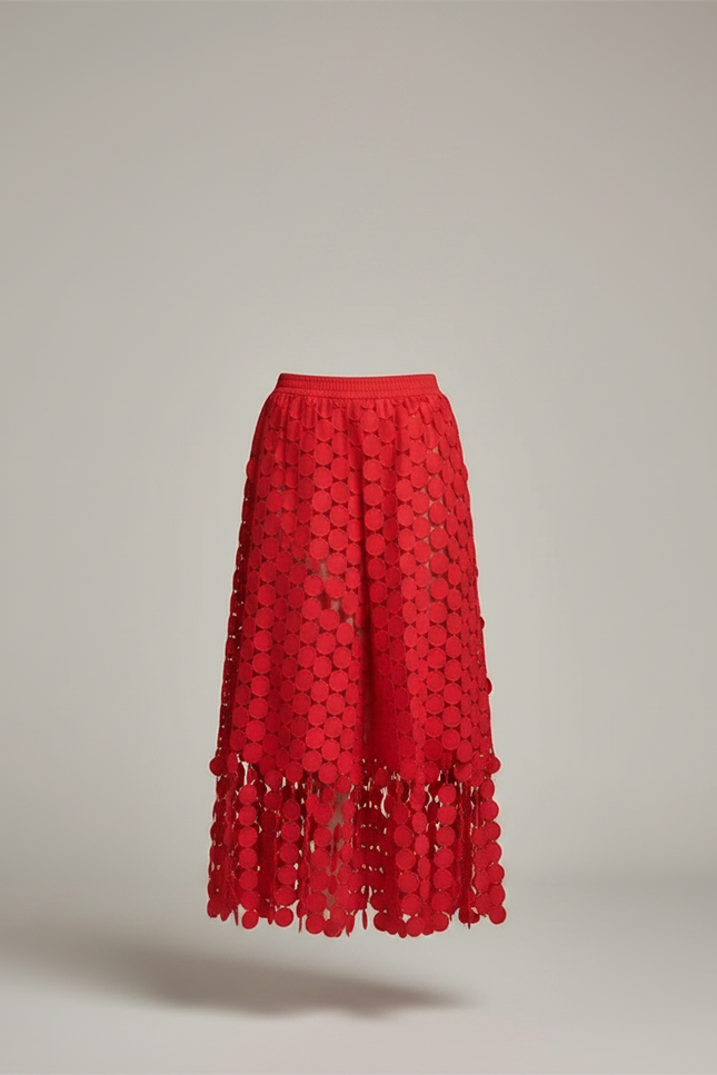 Pantalon Jupe Rouge Cercles Dentelle Transparente Fluide Élégant - Polyester - vue 3
