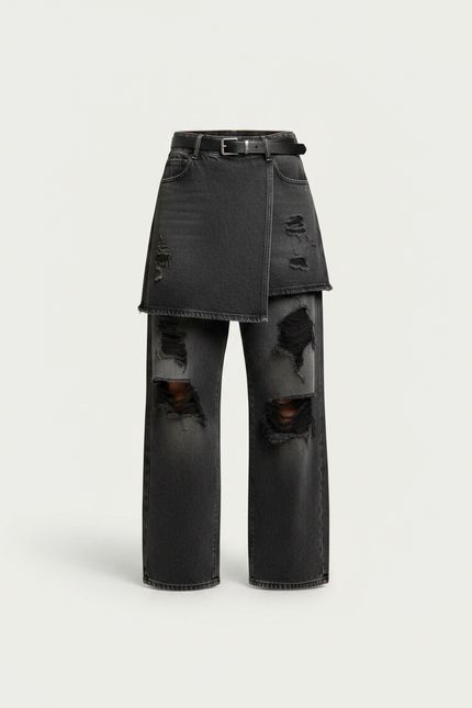Pantalon Jupe Jean Gris Effilé Large Décontracté - vue 3