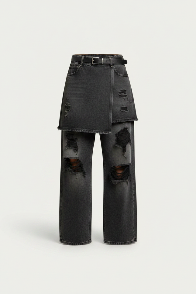 Pantalon Jupe Jean Gris Effilé Large Décontracté - vue 3
