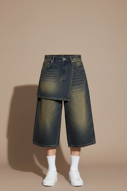 Pantalon Jupe Denim Effet Usé Ample Superposé - Bleu Jean - vue 3