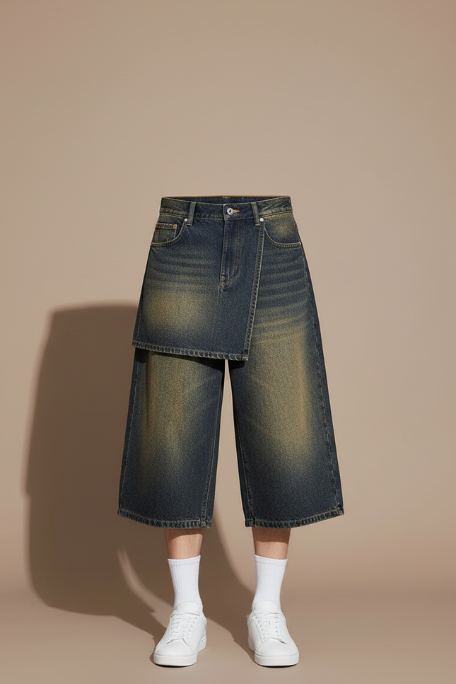 Pantalon Jupe Denim Effet Usé Ample Superposé - Bleu Jean - vue 3