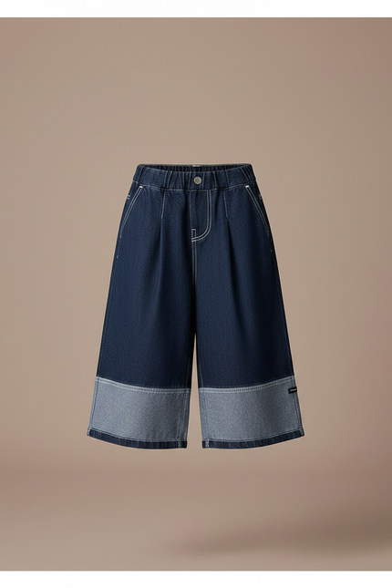 Pantalon Jupe Jean Bleu Large Patchwork Décontracté - Marine - vue 3
