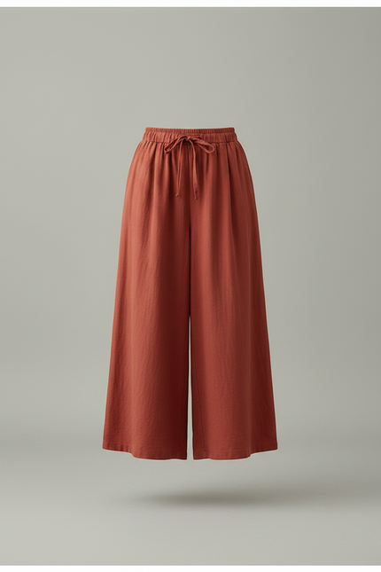Pantalon Jupe Rouge Brique Ample Coton Lin Fendu - vue 3