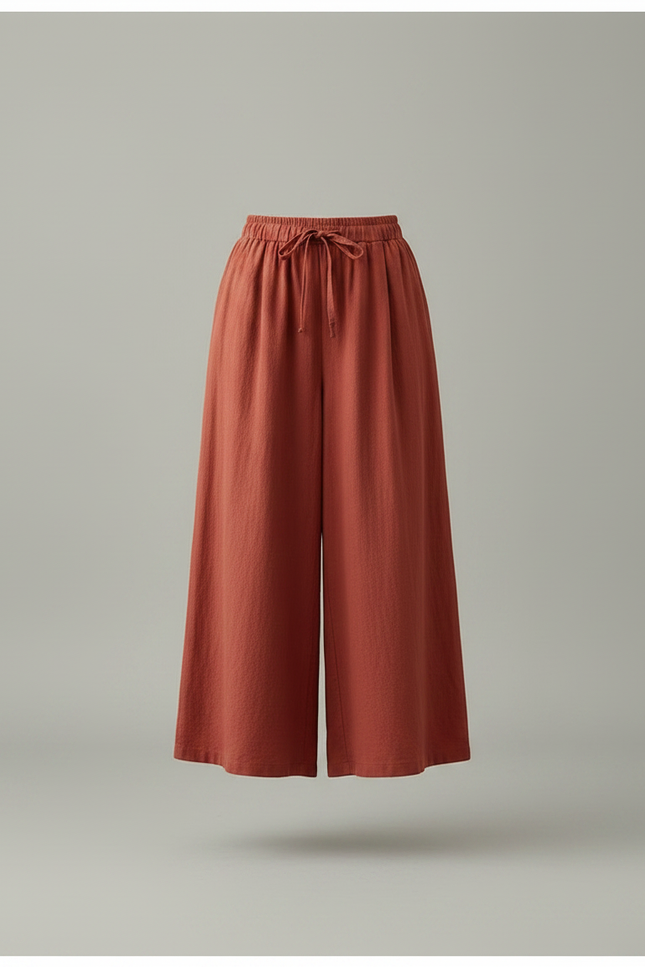 Pantalon Jupe Rouge Brique Ample Coton Lin Fendu - vue 3
