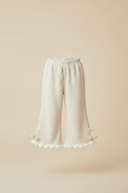 Pantalon Jupe Crème Côtelé Évasé Pompons Enfant - Beige Maille - vue 3