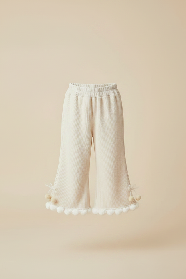 Pantalon Jupe Crème Côtelé Évasé Pompons Enfant - Beige Maille - vue 3