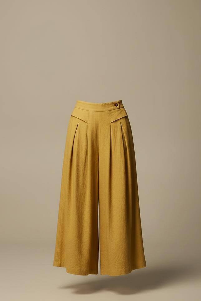 Pantalon Jupe Ample Lin Plissé Jaune Élégant - vue 3