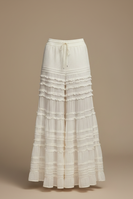 Pantalon Jupe Blanc Volants Superposés Fluide Élégant - Coton - vue 3