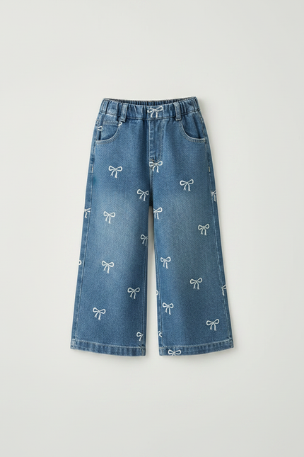 Pantalon Jupe Denim Ample Imprimé Nœuds Fille - Bleu Jean - vue 3