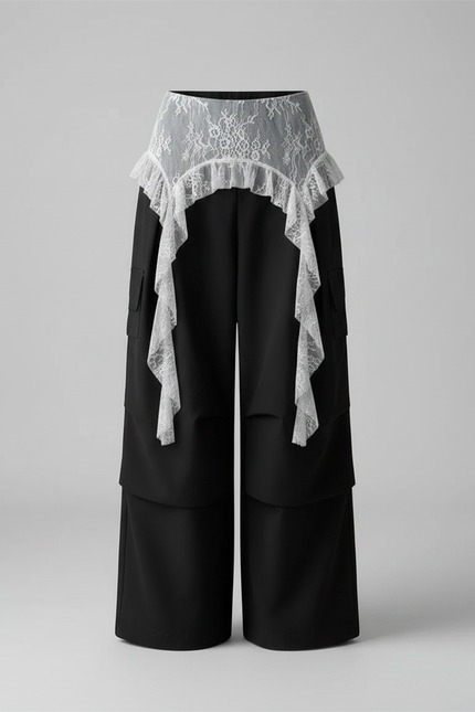 Pantalon Jupe Noir Dentelle Ample Asymétrique Fluide - Polyester - vue 3