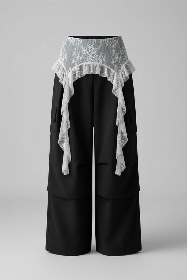 Pantalon Jupe Noir Dentelle Ample Asymétrique Fluide - Polyester - vue 3