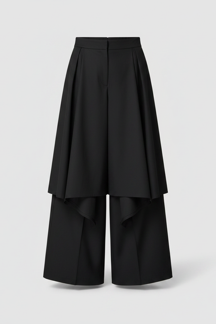 Pantalon Jupe Noir Asymétrique Plissé Longue Élégante - Gabardine - vue 3