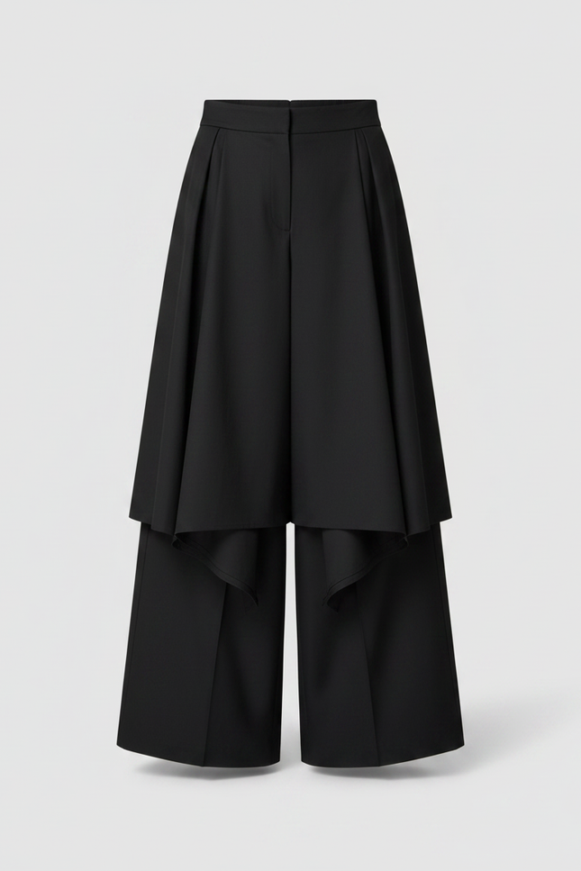 Pantalon Jupe Noir Asymétrique Plissé Longue Élégante - Gabardine - vue 3
