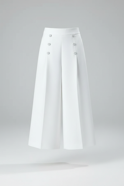 Pantalon Jupe Blanc Plissé Boutons Élégant Décontracté - Polyester - vue 3