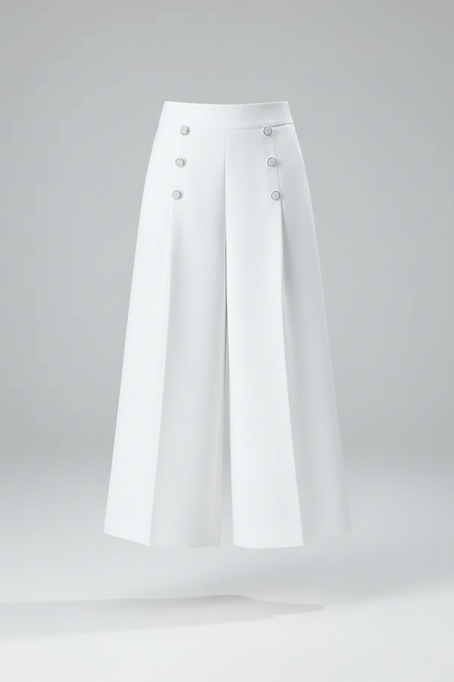 Pantalon Jupe Blanc Plissé Boutons Élégant Décontracté - Polyester - vue 3
