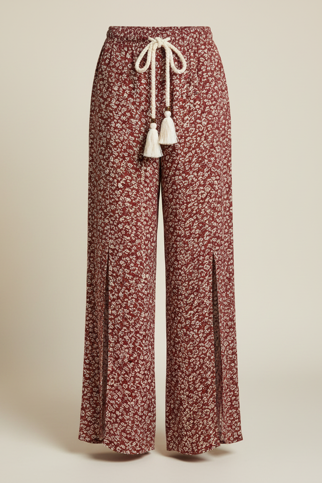 Pantalon Jupe Rouge Floral Fendu Bohème Fluide - Viscose - vue 3