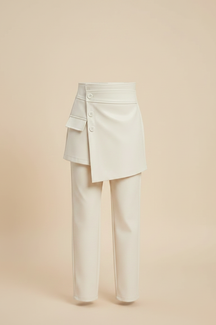 Pantalon Jupe Crème Asymétrique Boutons Élégant Cuir - Beige - vue 3