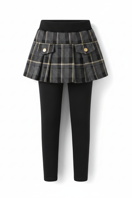 Pantalon Jupe Carreaux Gris Plissé Chaud Fille - Noir Molleton - vue 2