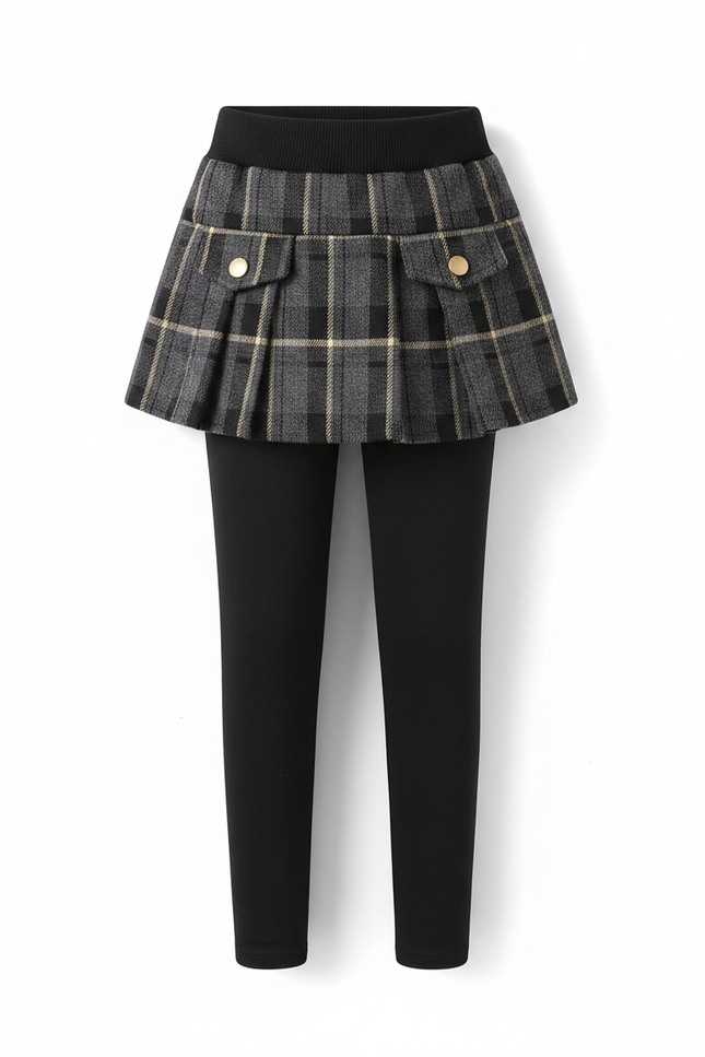 Pantalon Jupe Carreaux Gris Plissé Chaud Fille - Noir Molleton - vue 2