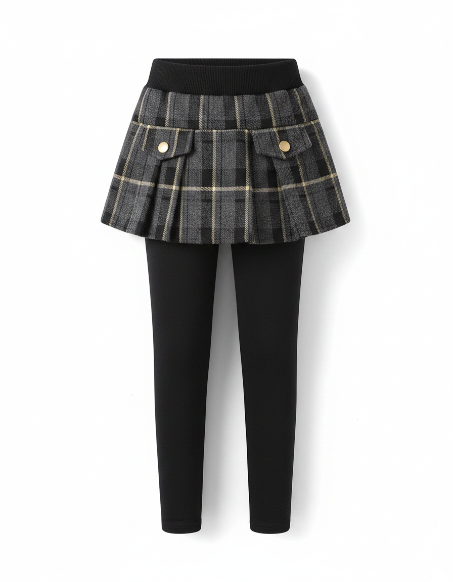 Pantalon Jupe Carreaux Gris Plissé Chaud Fille - Noir Molleton - vue 2
