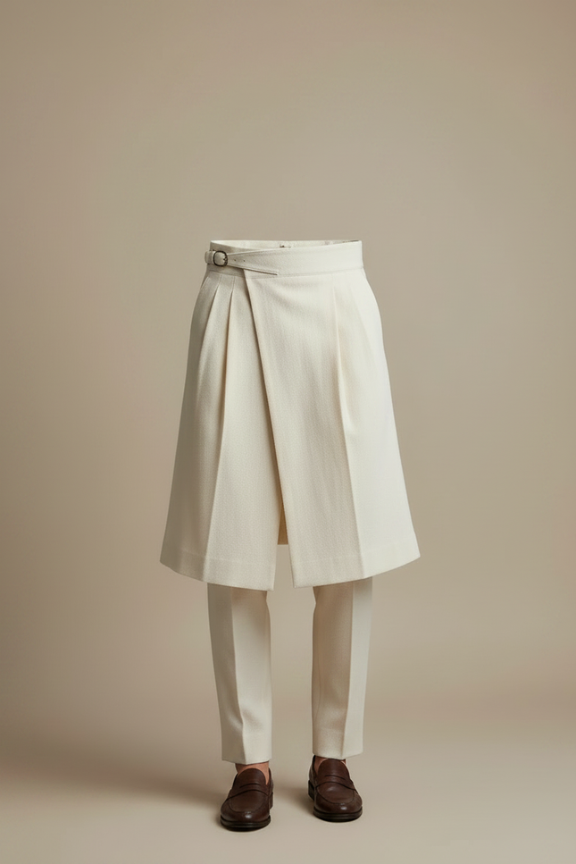 Pantalon Jupe Crème Plissé Élégant Sur-mesure Moderne - Beige Laine - vue 3