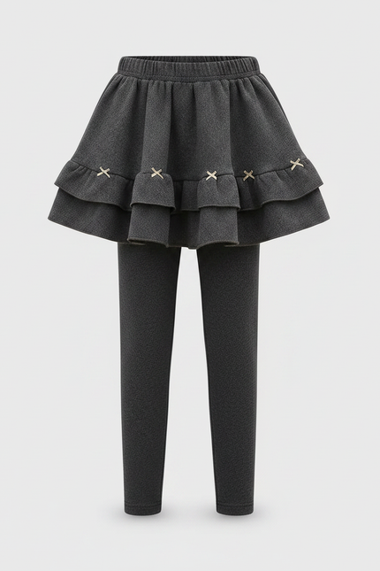 Pantalon Jupe Gris Volants Nœuds Doublé Chaud Fille - Molleton - vue 2