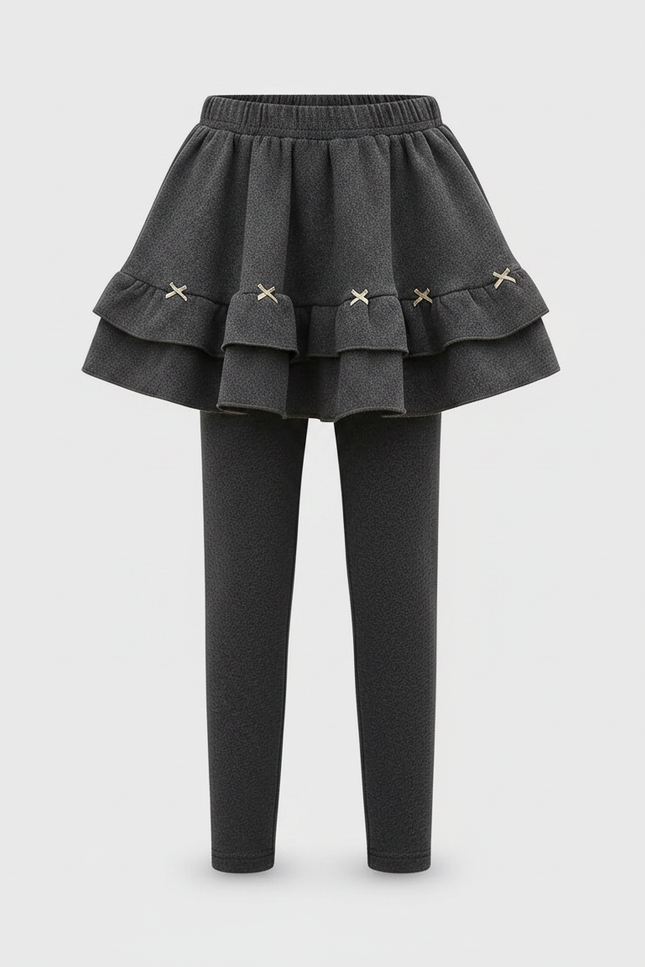 Pantalon Jupe Gris Volants Nœuds Doublé Chaud Fille - Molleton - vue 2