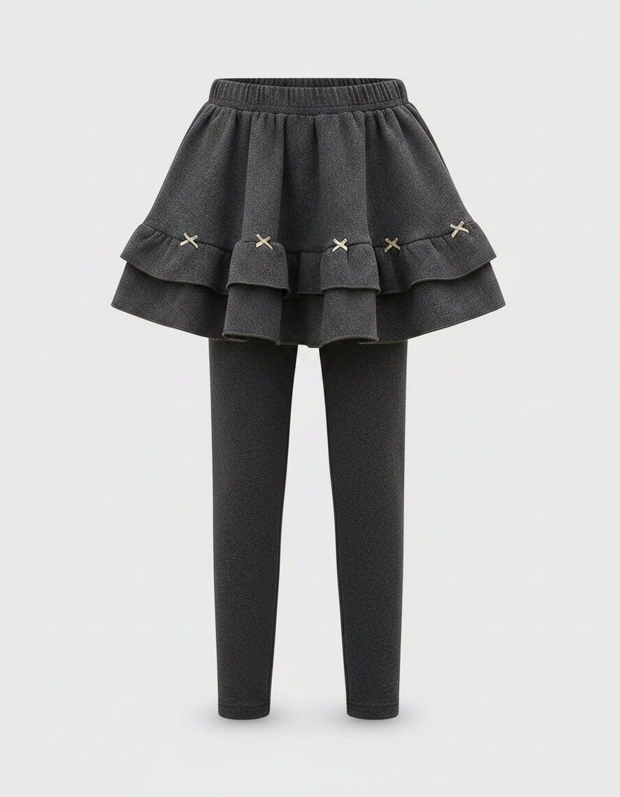 Pantalon Jupe Gris Volants Nœuds Doublé Chaud Fille - Molleton - vue 2