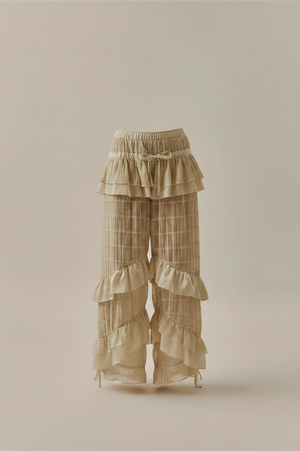Pantalon Jupe Beige Plissé Volants Fluide Élégant - Maille - vue 3