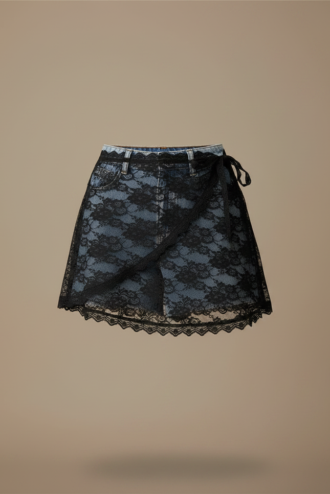 Pantalon Jupe Jean Dentelle Noire Courte Esthétique - Bleu - vue 3