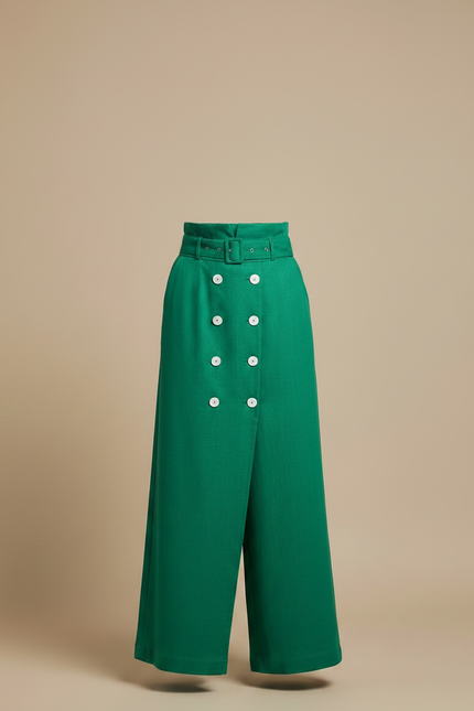 Pantalon Jupe Vert Boutons Ceinture Ample Élégant - Gabardine - vue 3