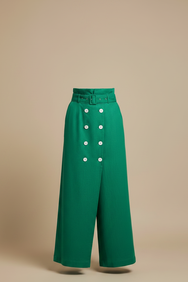 Pantalon Jupe Vert Boutons Ceinture Ample Élégant - Gabardine - vue 3