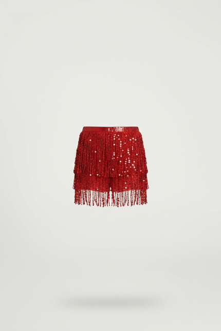 Pantalon Jupe Rouge Paillettes Franges Scintillant Court - Polyester - vue 3