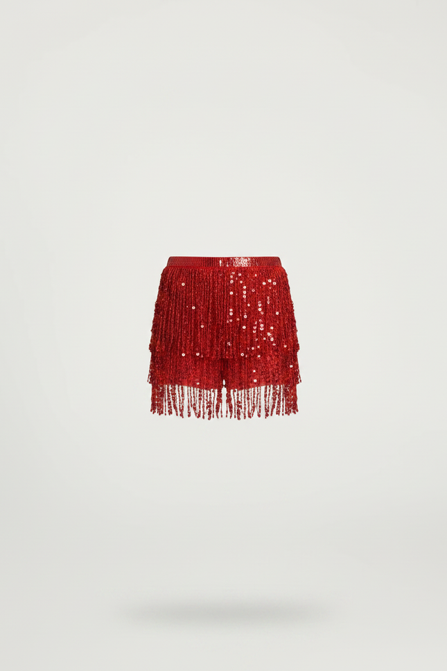 Pantalon Jupe Rouge Paillettes Franges Scintillant Court - Polyester - vue 3