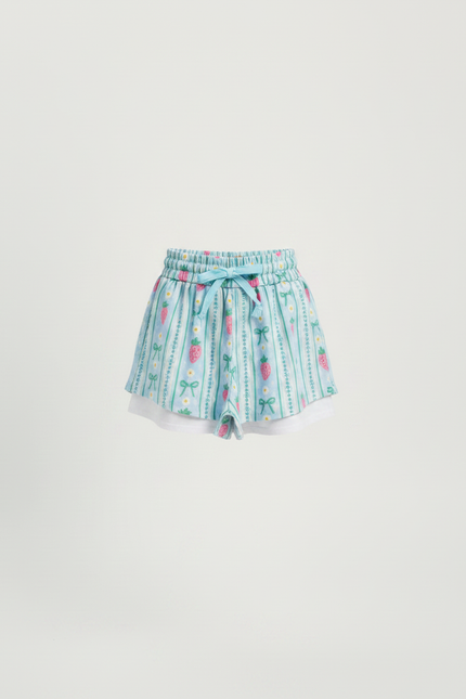 Pantalon Jupe Bleu Ciel Fraises Nœuds Superposé Coton Enfant - vue 3