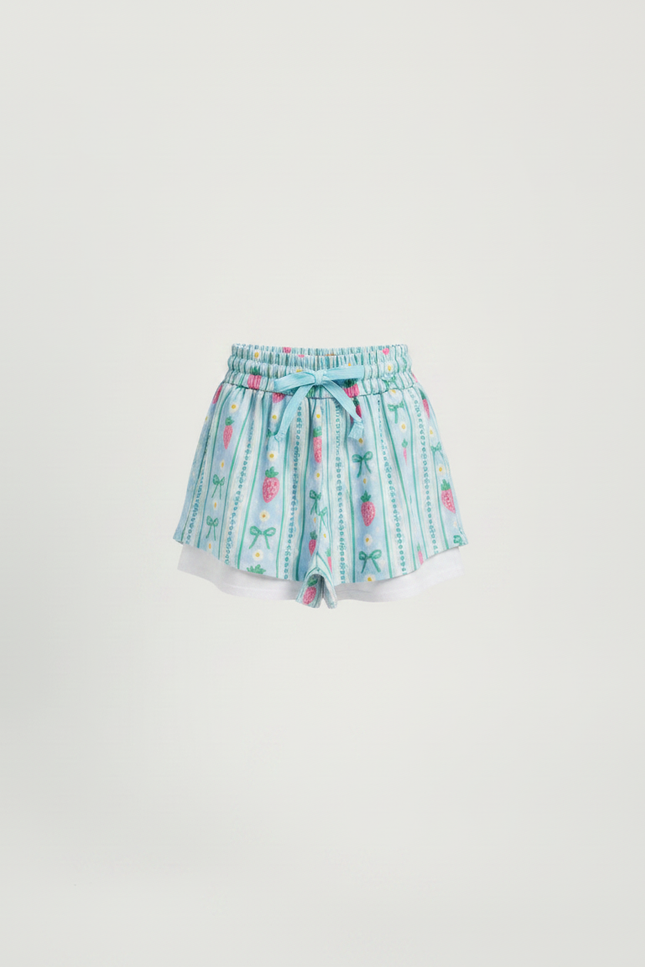 Pantalon Jupe Bleu Ciel Fraises Nœuds Superposé Coton Enfant - vue 3