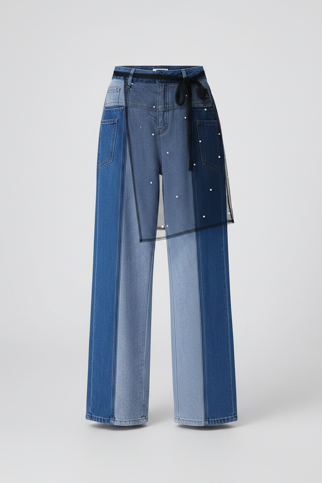 Pantalon Jupe Denim Patchwork Jupe-culotte Perles Tulle - Multicolore Jean - vue 3