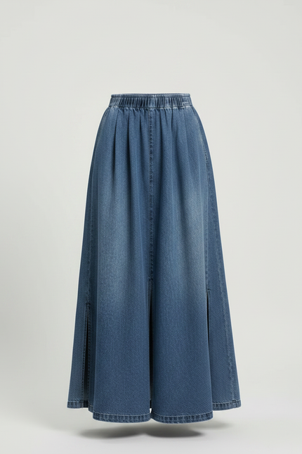 Pantalon Jupe Denim Bleu Plissé Fendu Long - Jean - vue 3