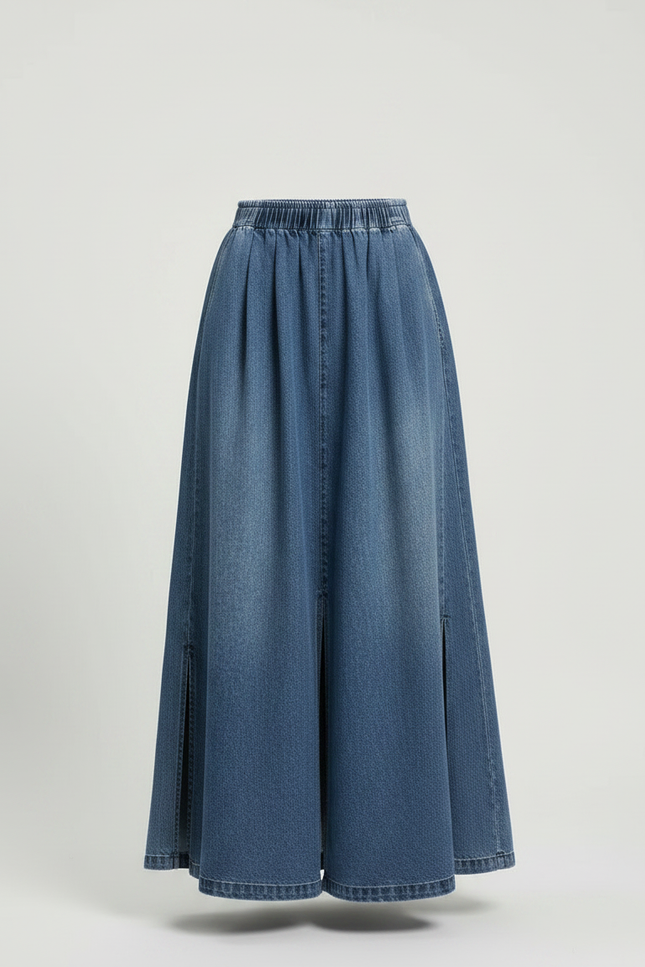 Pantalon Jupe Denim Bleu Plissé Fendu Long - Jean - vue 3