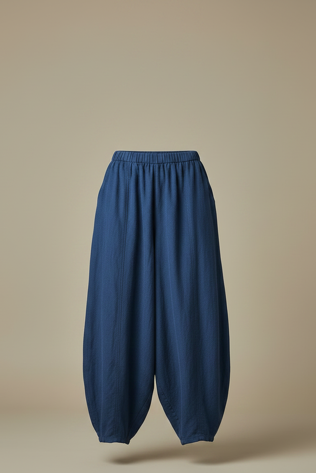 Pantalon Jupe Bleu Coton Lin Ample Élégant Fluide - vue 3